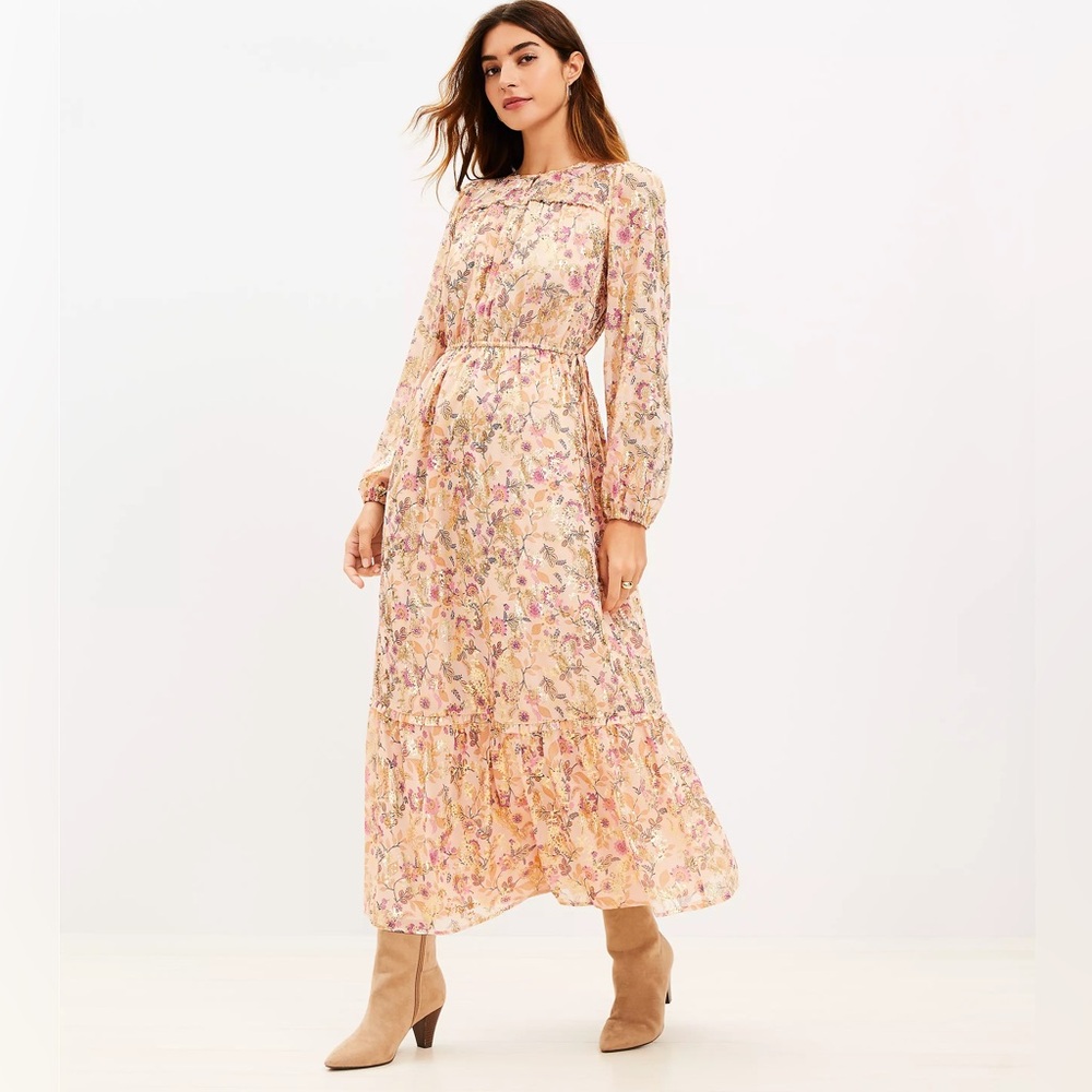 Shimmer Floral Double Tie Waist Maxi Dress